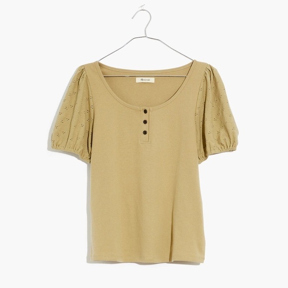 NWT Madewell Eyelet Sleeve Cotton Henley Top in Crème JCrew Popular officewear - Picture 8 of 16